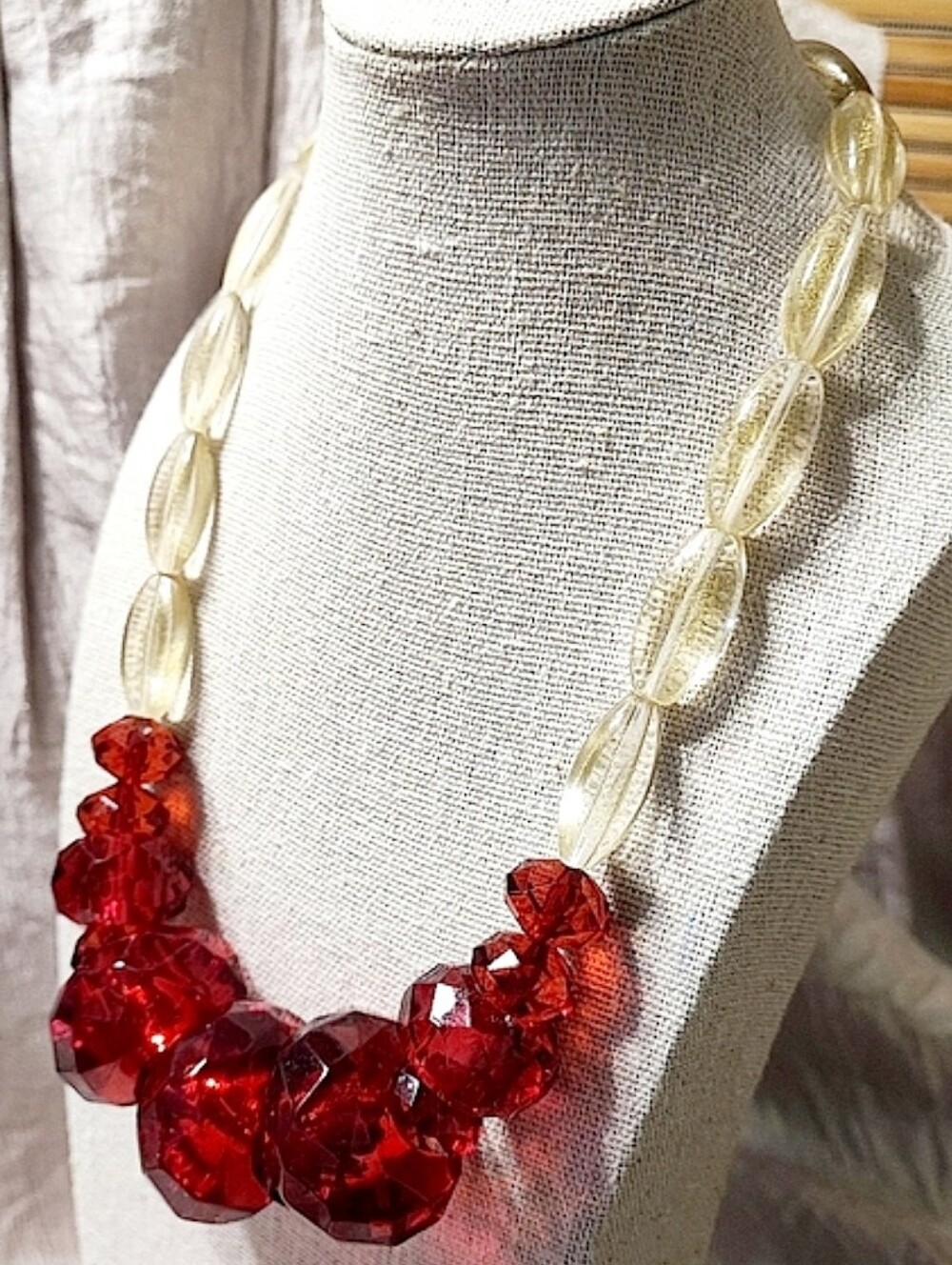 Huge Faceted Cherry Red Transparent Gold Micro Glitter Beaded Vintage Necklace